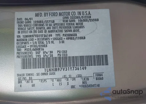 2001 Lincoln Continental z USA, uszkodzony, nr VIN 1LNHM97V31Y736149